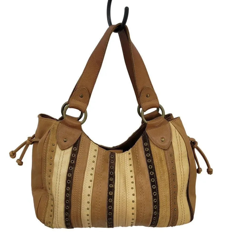Vintage Fossil Hobo Leather‎ Patchwork Studded Embroidered Shoulder Bag Brown
